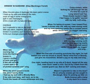 Click Drinking in Sunshine lyric page from inside cover of album "Songs of the Sea," to hear Charmas original song "Drinking In Sunshine."