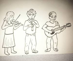 Whimsical hand-drawn sketch of Charmas Trio (Elise MacGregor Ferrell, Aaron Clegg, Phil Johnston) by Alina Larson.